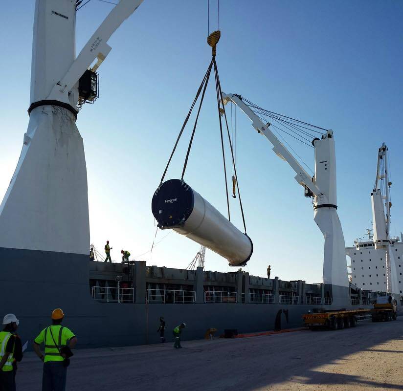 Wind turbine being discharged in Coega, South Africa