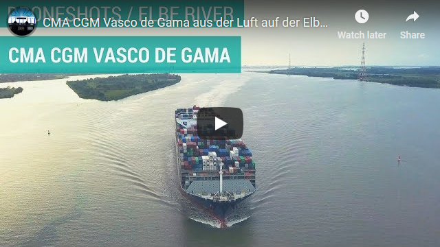 CMA CGM Vasco de Gama aus der Luft auf der Elbe (4K)