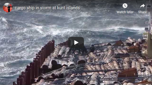cargo ship in storm at kuril islands