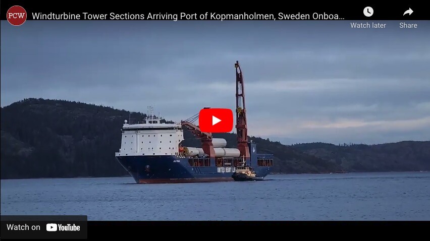 Windturbine Tower Sections Arriving Port of Kopmanholmen, Sweden Onboard UHL Focus from Vietnam